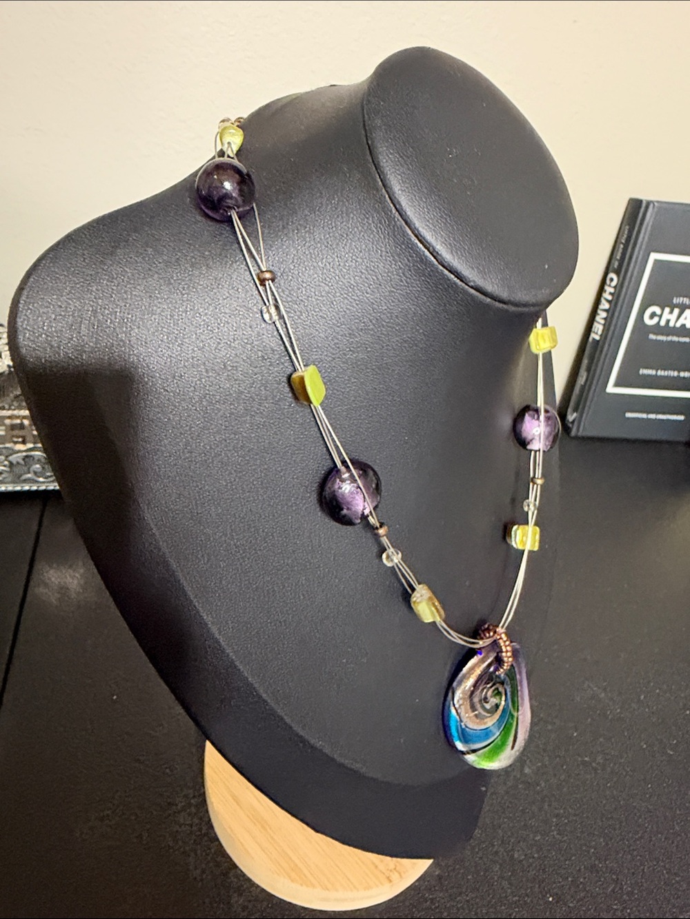 Multicolor Swirl Dichroic Glass Pendant Shell Necklace Green, Blue & Purple - Picture 2 of 7